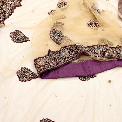 Indian Vintage Heavy Beige Dupatta Net Mesh Long Stole Hand Embroidered Scarves Golden Zardozi Dabka Zari Stole Bridal/ Wedding veil