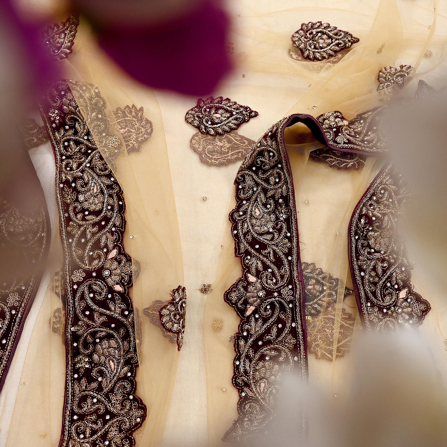 Indian Vintage Heavy Beige Dupatta Net Mesh Long Stole Hand Embroidered Scarves Golden Zardozi Dabka Zari Stole Bridal/ Wedding veil