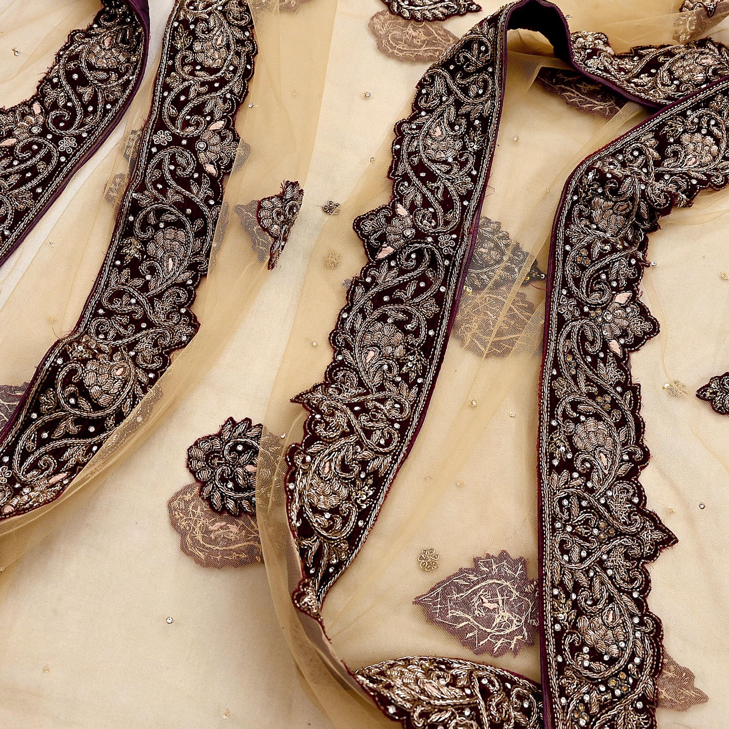 Indian Vintage Heavy Beige Dupatta Net Mesh Long Stole Hand Embroidered Scarves Golden Zardozi Dabka Zari Stole Bridal/ Wedding veil