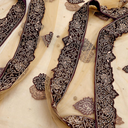 Indian Vintage Heavy Beige Dupatta Net Mesh Long Stole Hand Embroidered Scarves Golden Zardozi Dabka Zari Stole Bridal/ Wedding veil