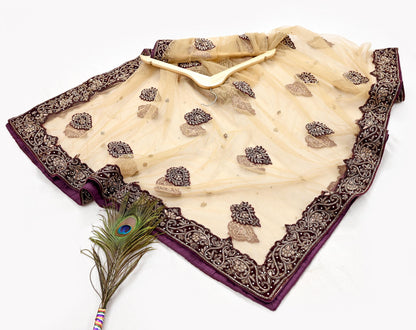 Indian Vintage Heavy Beige Dupatta Net Mesh Long Stole Hand Embroidered Scarves Golden Zardozi Dabka Zari Stole Bridal/ Wedding veil