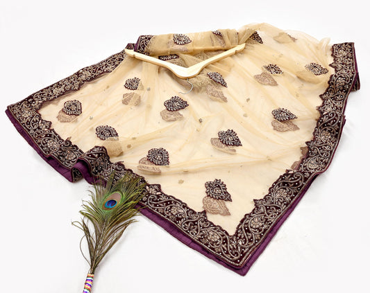 Indian Vintage Heavy Beige Dupatta Net Mesh Long Stole Hand Embroidered Scarves Golden Zardozi Dabka Zari Stole Bridal/ Wedding veil