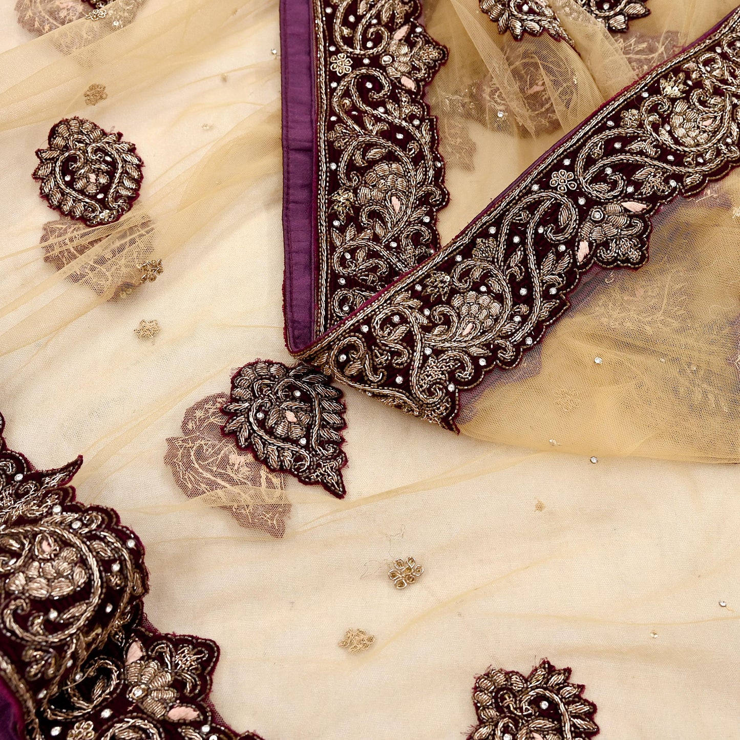 Indian Vintage Heavy Beige Dupatta Net Mesh Long Stole Hand Embroidered Scarves Golden Zardozi Dabka Zari Stole Bridal/ Wedding veil