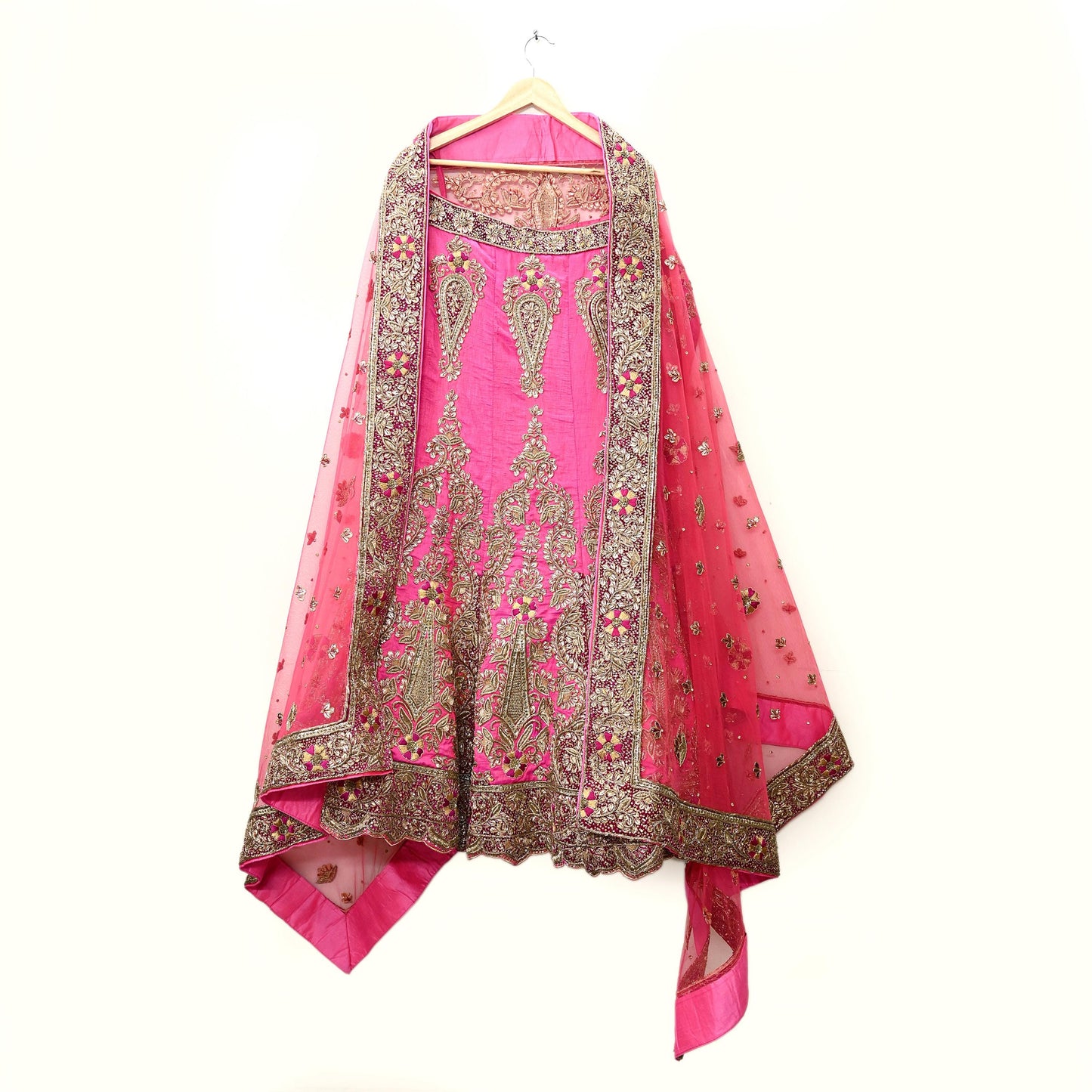 Indian party wear Pink & Peach Net Raw silk Hand Embroidered Semi Stitched Lehenga Set of 2pcs Bollywood style wedding wear