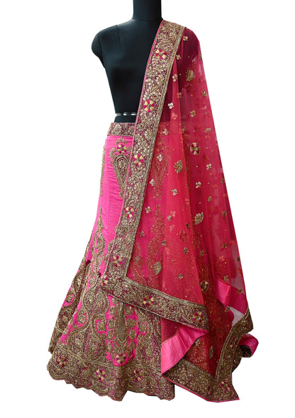 Indian party wear Pink & Peach Net Raw silk Hand Embroidered Semi Stitched Lehenga Set of 2pcs Bollywood style wedding wear