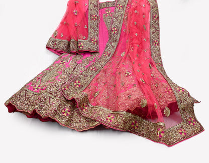 Indian party wear Pink & Peach Net Raw silk Hand Embroidered Semi Stitched Lehenga Set of 2pcs Bollywood style wedding wear