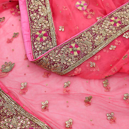 Indian party wear Pink & Peach Net Raw silk Hand Embroidered Semi Stitched Lehenga Set of 2pcs Bollywood style wedding wear