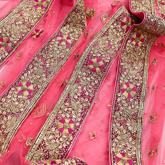 Indian Vintage Heavy Peach Dupatta Net Mesh Long Stole Hand Embroidered Scarves Golden Zardozi Dabka Zari Stole Bridal/ Wedding veil