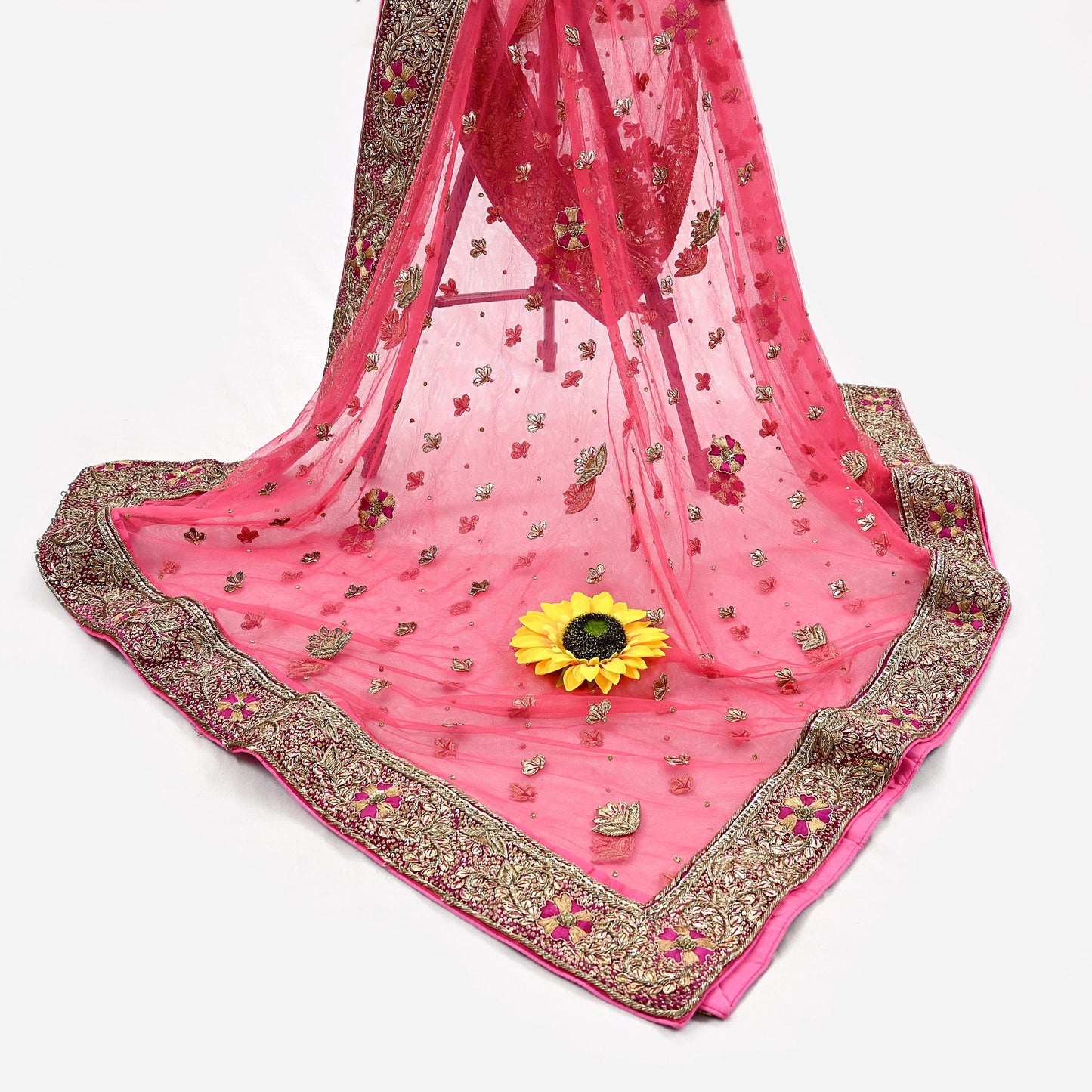 Indian Vintage Heavy Peach Dupatta Net Mesh Long Stole Hand Embroidered Scarves Golden Zardozi Dabka Zari Stole Bridal/ Wedding veil