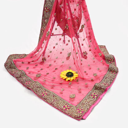 Indian Vintage Heavy Peach Dupatta Net Mesh Long Stole Hand Embroidered Scarves Golden Zardozi Dabka Zari Stole Bridal/ Wedding veil