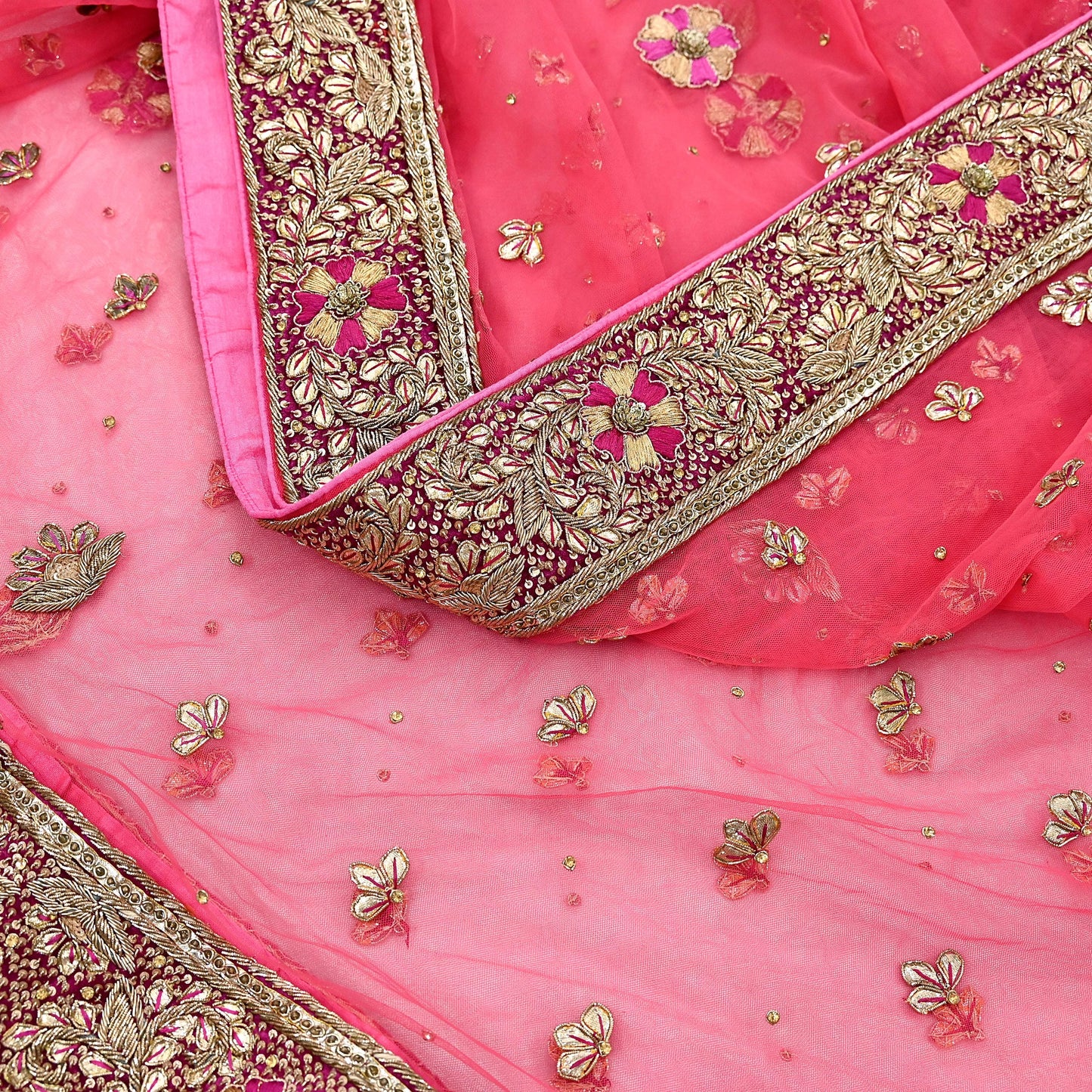 Indian Vintage Heavy Peach Dupatta Net Mesh Long Stole Hand Embroidered Scarves Golden Zardozi Dabka Zari Stole Bridal/ Wedding veil