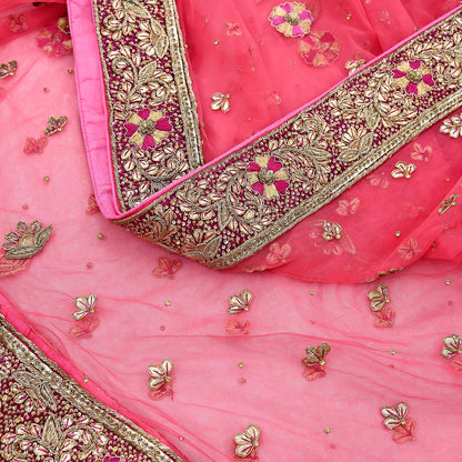 Indian Vintage Heavy Peach Dupatta Net Mesh Long Stole Hand Embroidered Scarves Golden Zardozi Dabka Zari Stole Bridal/ Wedding veil