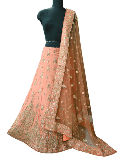 Indian party wear Peach Net Raw silk Hand Embroidered Semi Stitched Lehenga Set of 2pcs Bollywood style wedding wear