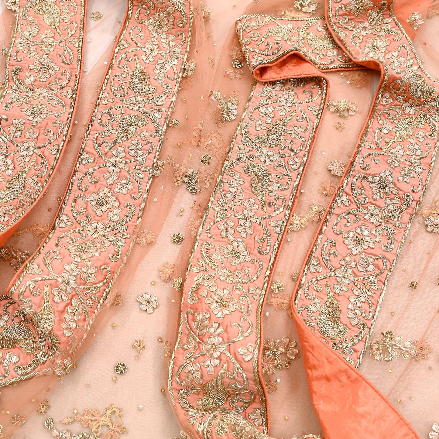 Indian party wear Peach Net Raw silk Hand Embroidered Semi Stitched Lehenga Set of 2pcs Bollywood style wedding wear