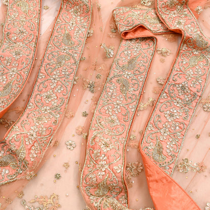 Indian party wear Peach Net Raw silk Hand Embroidered Semi Stitched Lehenga Set of 2pcs Bollywood style wedding wear