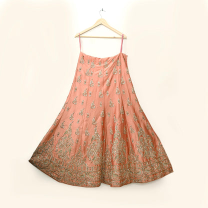 Indian party wear Peach Net Raw silk Hand Embroidered Semi Stitched Lehenga Set of 2pcs Bollywood style wedding wear