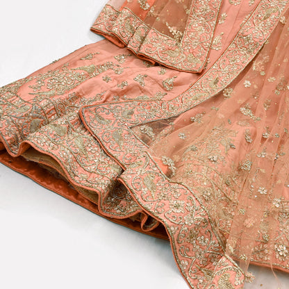Indian party wear Peach Net Raw silk Hand Embroidered Semi Stitched Lehenga Set of 2pcs Bollywood style wedding wear