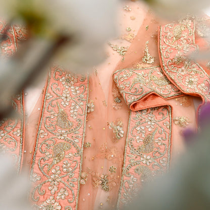 Indian Vintage Heavy Peach Dupatta Net Mesh Long Stole Hand Embroidered Scarves Golden Zardozi Dabka Zari Stole Bridal/ Wedding veil