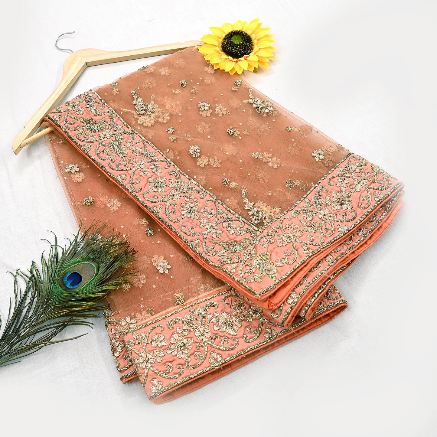 Indian Vintage Heavy Peach Dupatta Net Mesh Long Stole Hand Embroidered Scarves Golden Zardozi Dabka Zari Stole Bridal/ Wedding veil