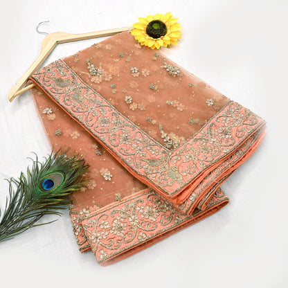 Indian Vintage Heavy Peach Dupatta Net Mesh Long Stole Hand Embroidered Scarves Golden Zardozi Dabka Zari Stole Bridal/ Wedding veil