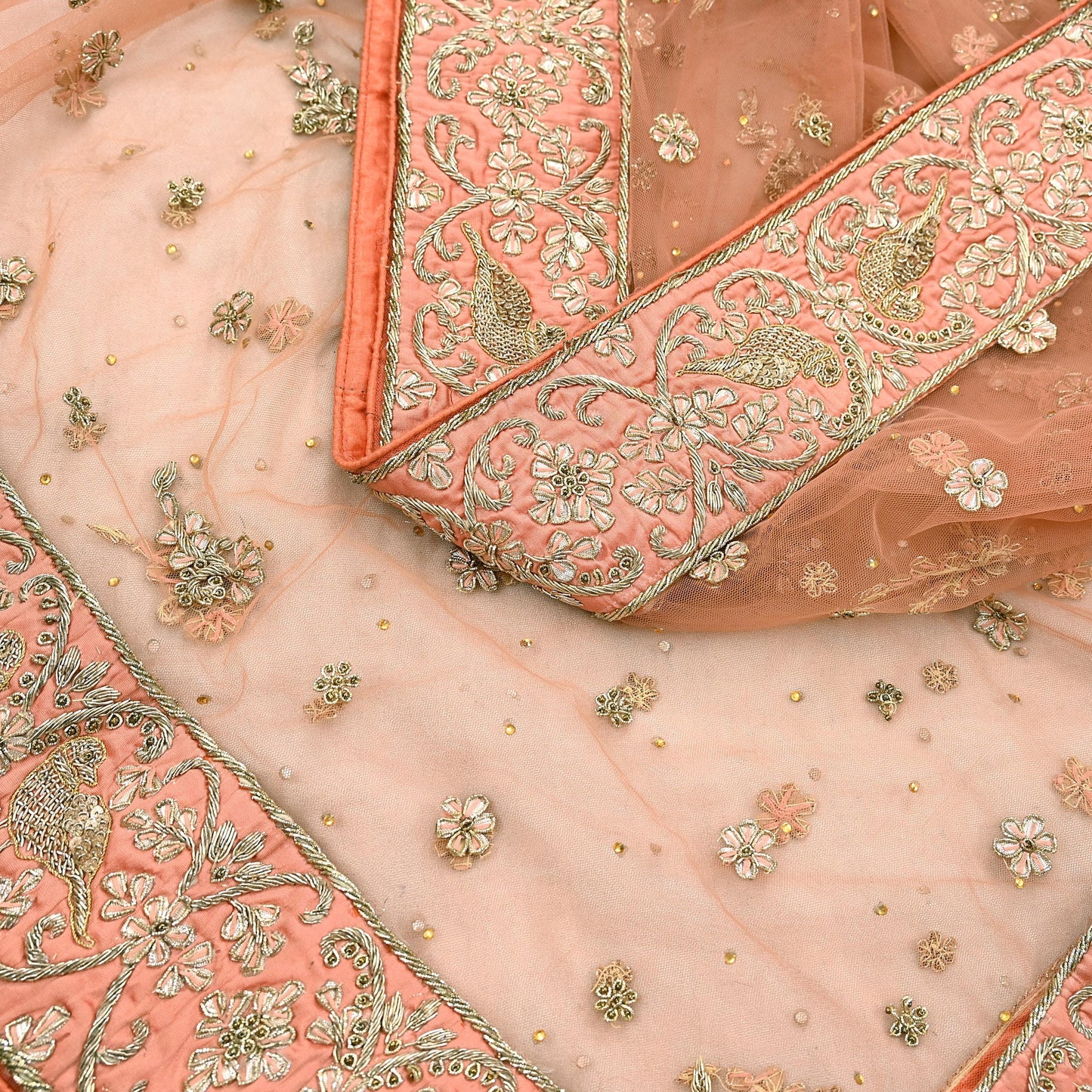 Indian Vintage Heavy Peach Dupatta Net Mesh Long Stole Hand Embroidered Scarves Golden Zardozi Dabka Zari Stole Bridal/ Wedding veil