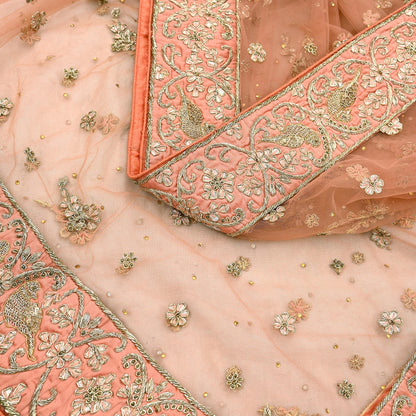 Indian Vintage Heavy Peach Dupatta Net Mesh Long Stole Hand Embroidered Scarves Golden Zardozi Dabka Zari Stole Bridal/ Wedding veil