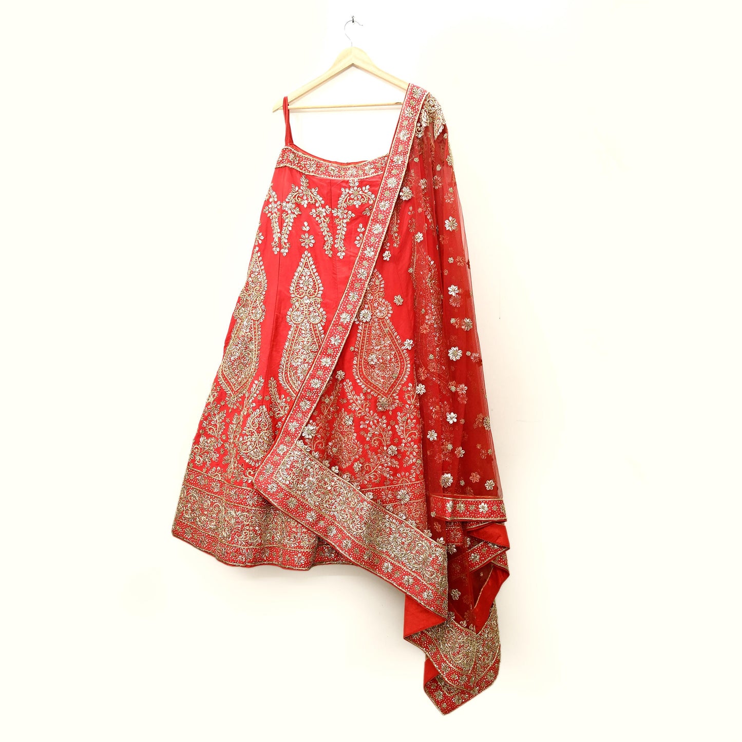 Indian party wear Red Net Raw silk Hand Embroidered Semi Stitched Lehenga Set of 2pcs Bollywood style wedding wear