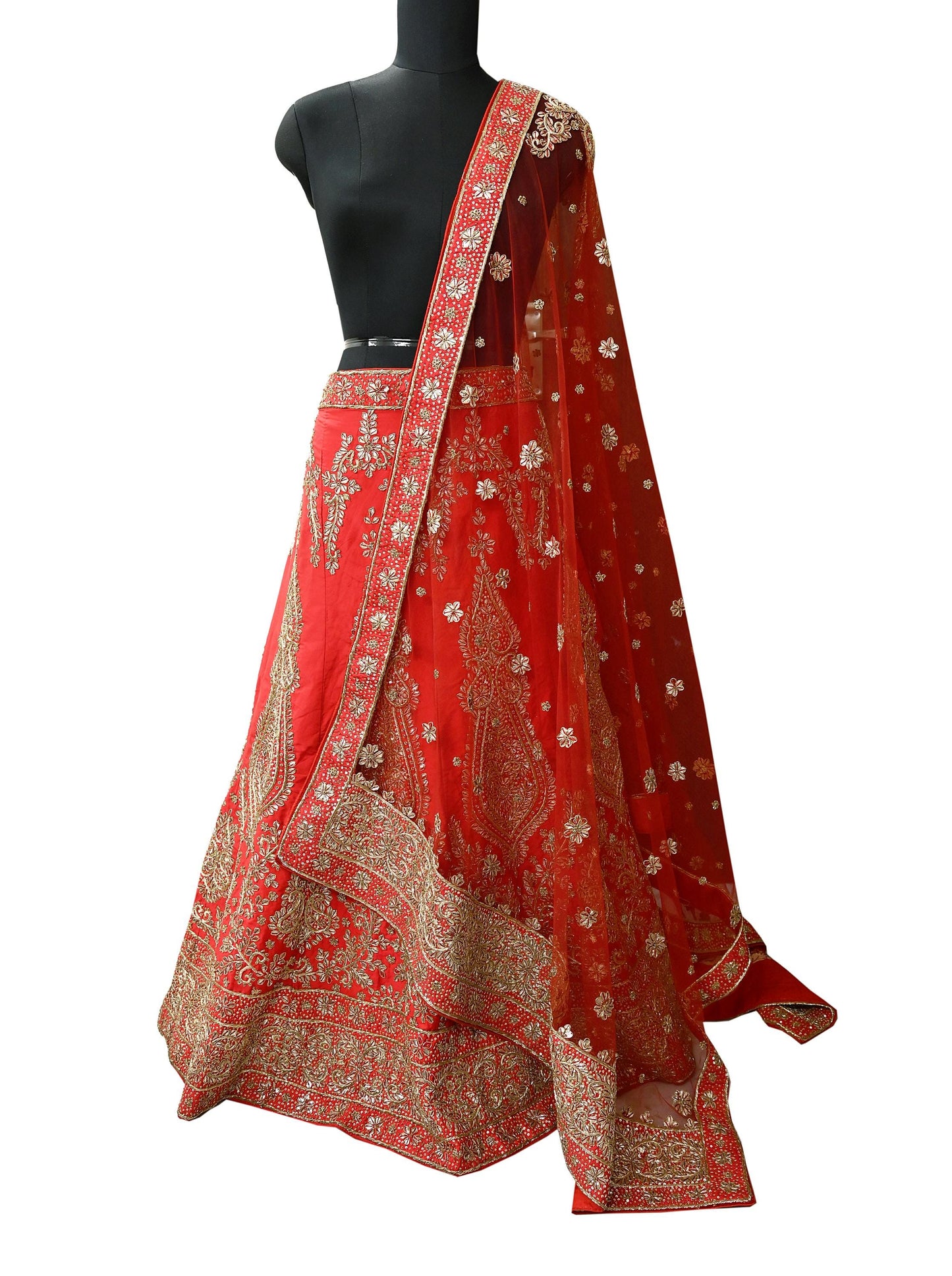 Indian party wear Red Net Raw silk Hand Embroidered Semi Stitched Lehenga Set of 2pcs Bollywood style wedding wear