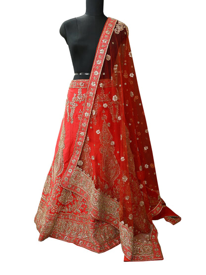 Indian party wear Red Net Raw silk Hand Embroidered Semi Stitched Lehenga Set of 2pcs Bollywood style wedding wear