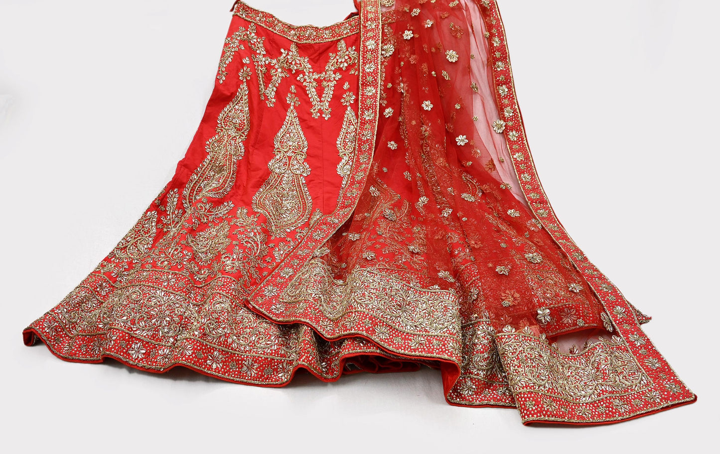 Indian party wear Red Net Raw silk Hand Embroidered Semi Stitched Lehenga Set of 2pcs Bollywood style wedding wear