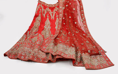 Indian party wear Red Net Raw silk Hand Embroidered Semi Stitched Lehenga Set of 2pcs Bollywood style wedding wear
