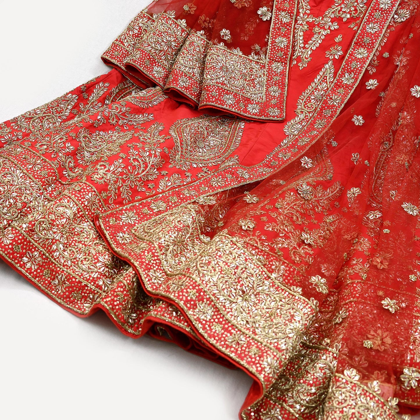 Indian party wear Red Net Raw silk Hand Embroidered Semi Stitched Lehenga Set of 2pcs Bollywood style wedding wear