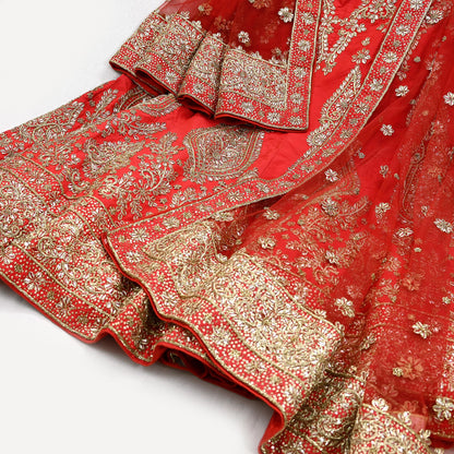 Indian party wear Red Net Raw silk Hand Embroidered Semi Stitched Lehenga Set of 2pcs Bollywood style wedding wear
