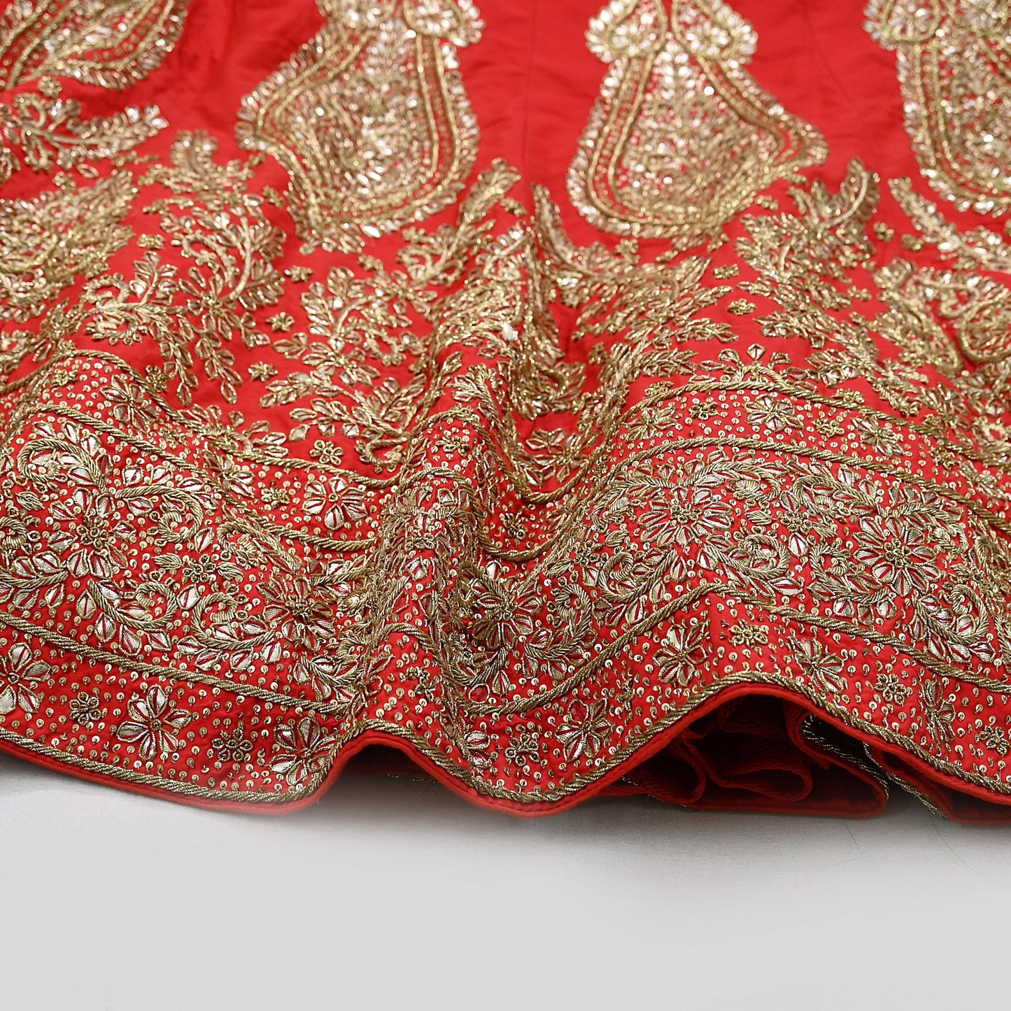 Indian party wear Red Net Raw silk Hand Embroidered Semi Stitched Lehenga Set of 2pcs Bollywood style wedding wear