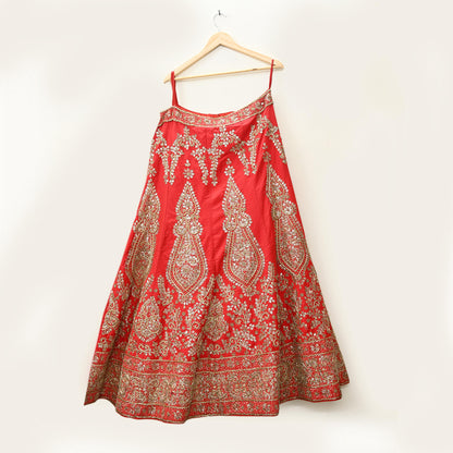 Indian party wear Red Net Raw silk Hand Embroidered Semi Stitched Lehenga Set of 2pcs Bollywood style wedding wear