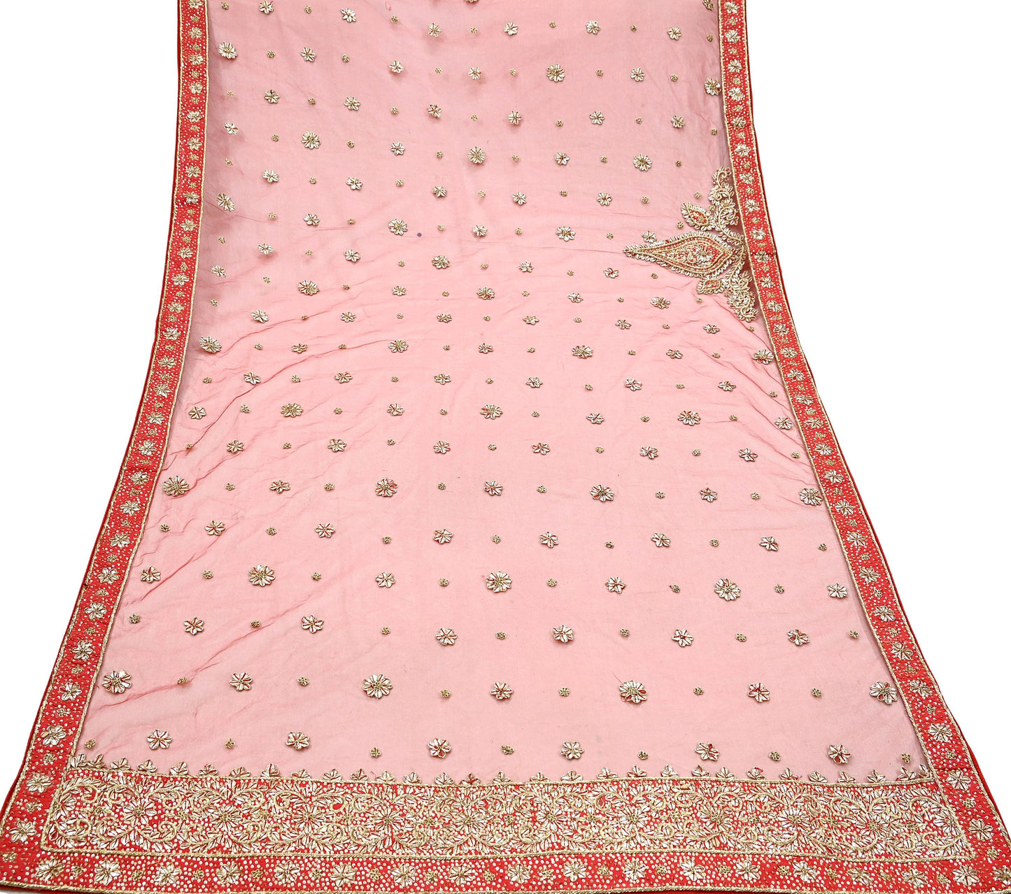 Indian Vintage Heavy Red Dupatta Net Mesh Long Stole Hand Embroidered Scarves Golden Zardozi Dabka Zari Stole Bridal/ Wedding veil