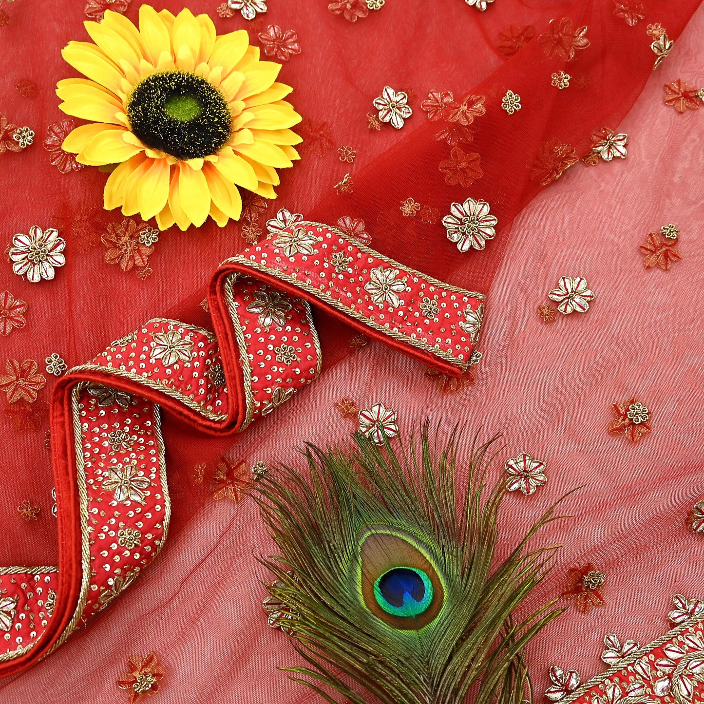 Indian Vintage Heavy Red Dupatta Net Mesh Long Stole Hand Embroidered Scarves Golden Zardozi Dabka Zari Stole Bridal/ Wedding veil