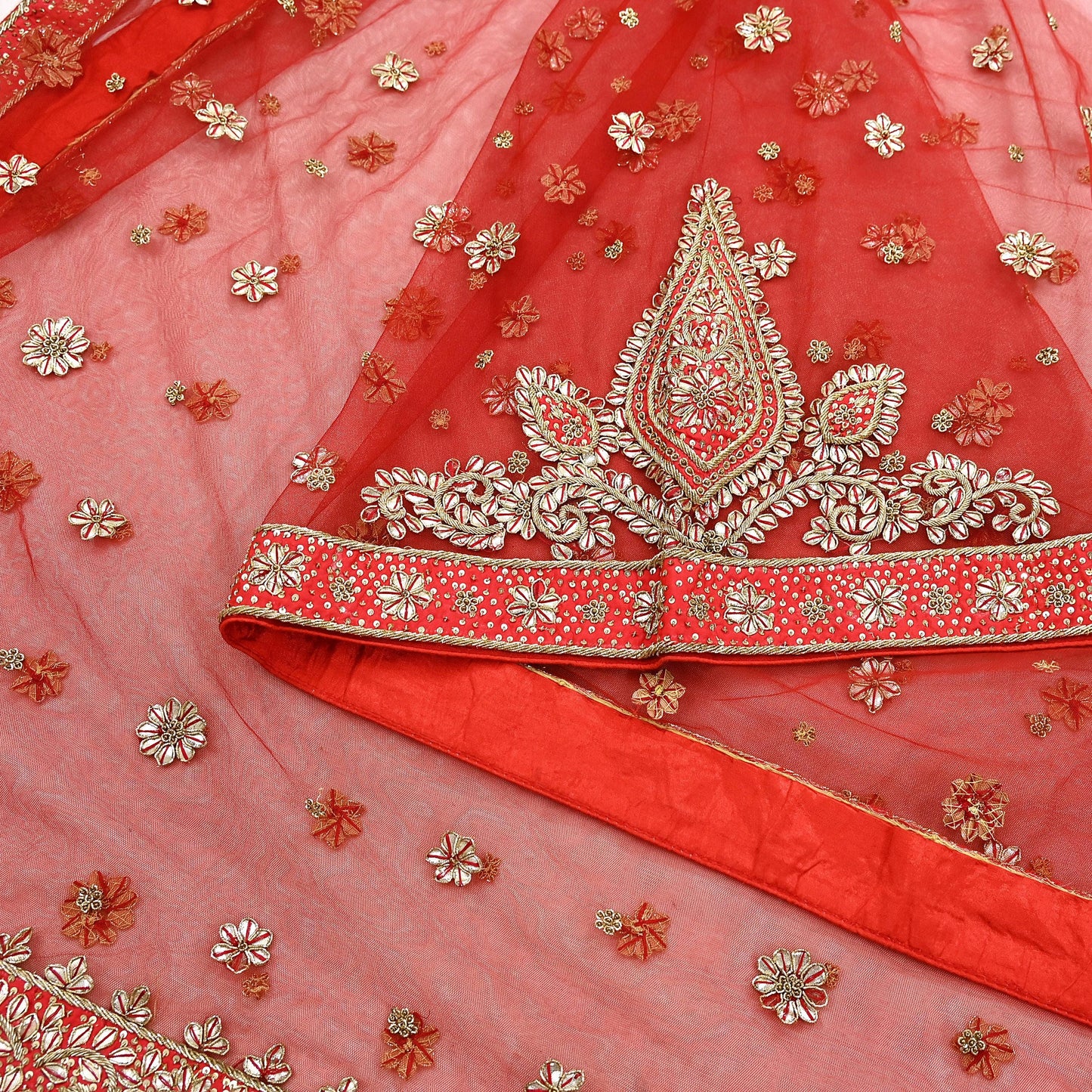 Indian Vintage Heavy Red Dupatta Net Mesh Long Stole Hand Embroidered Scarves Golden Zardozi Dabka Zari Stole Bridal/ Wedding veil