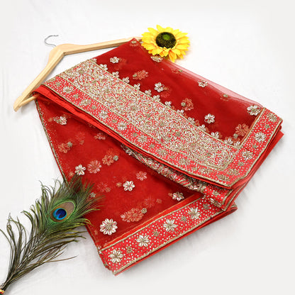 Indian Vintage Heavy Red Dupatta Net Mesh Long Stole Hand Embroidered Scarves Golden Zardozi Dabka Zari Stole Bridal/ Wedding veil