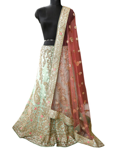 Indian party wear Pista Green & Pink Net Raw silk Hand Embroidered Semi Stitched Lehenga Set of 2pcs Bollywood style wedding wear