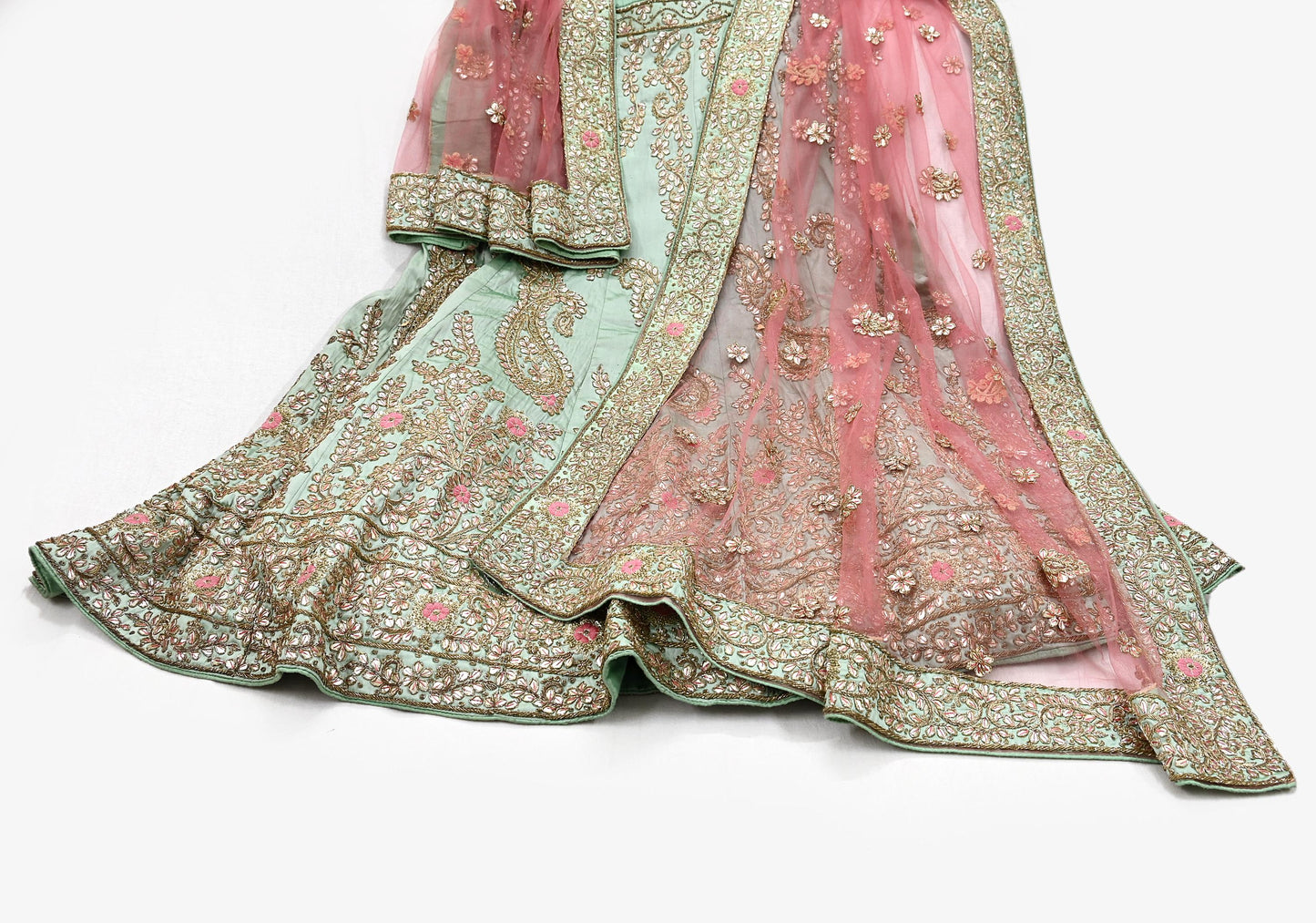 Indian party wear Pista Green & Pink Net Raw silk Hand Embroidered Semi Stitched Lehenga Set of 2pcs Bollywood style wedding wear