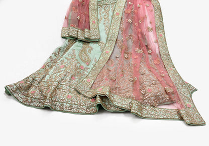 Indian party wear Pista Green & Pink Net Raw silk Hand Embroidered Semi Stitched Lehenga Set of 2pcs Bollywood style wedding wear