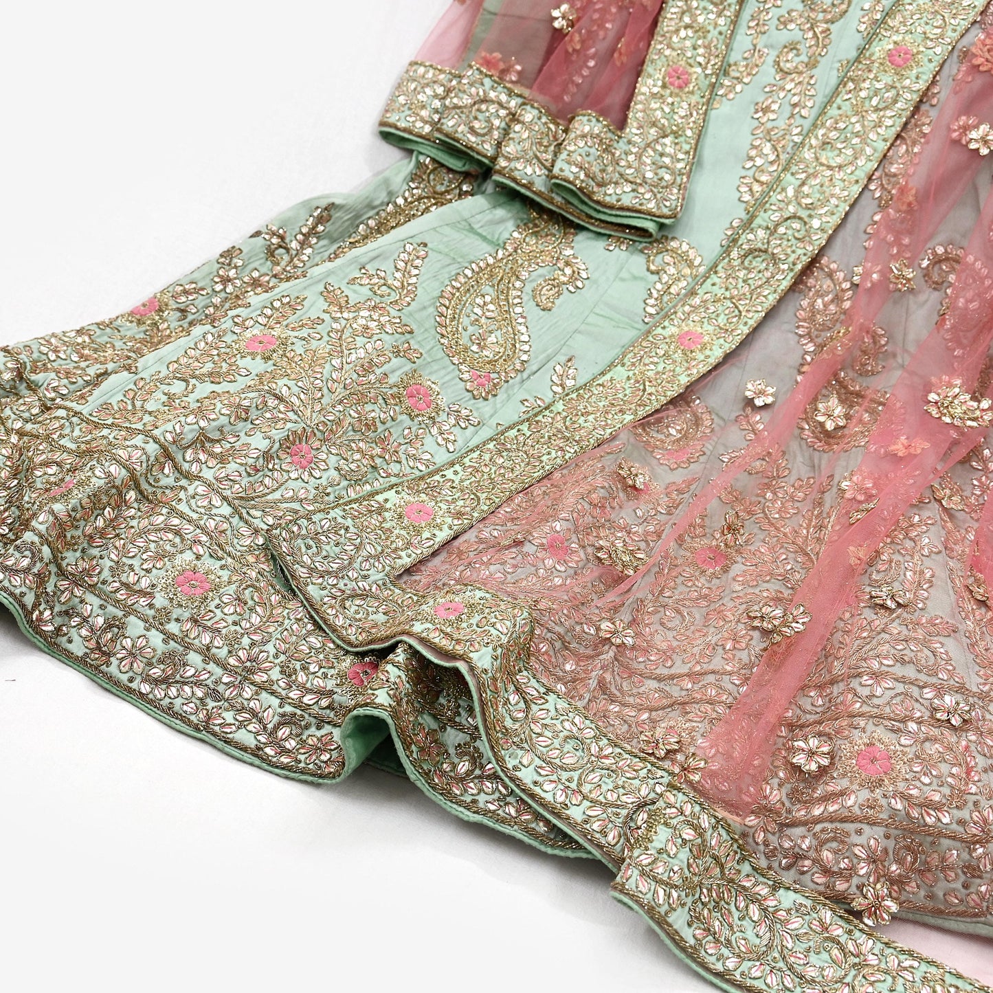 Indian party wear Pista Green & Pink Net Raw silk Hand Embroidered Semi Stitched Lehenga Set of 2pcs Bollywood style wedding wear