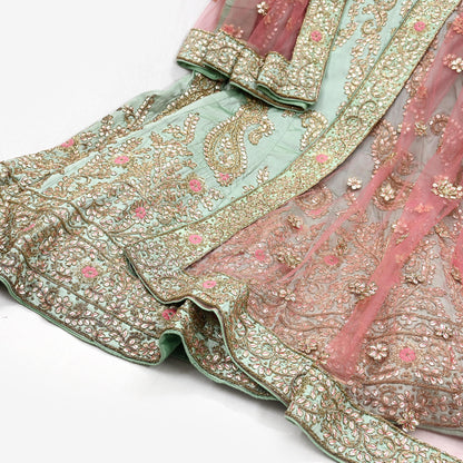 Indian party wear Pista Green & Pink Net Raw silk Hand Embroidered Semi Stitched Lehenga Set of 2pcs Bollywood style wedding wear