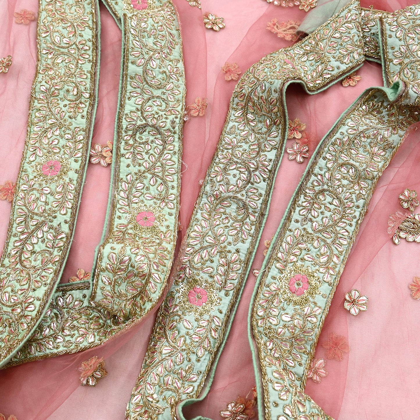 Indian party wear Pista Green & Pink Net Raw silk Hand Embroidered Semi Stitched Lehenga Set of 2pcs Bollywood style wedding wear