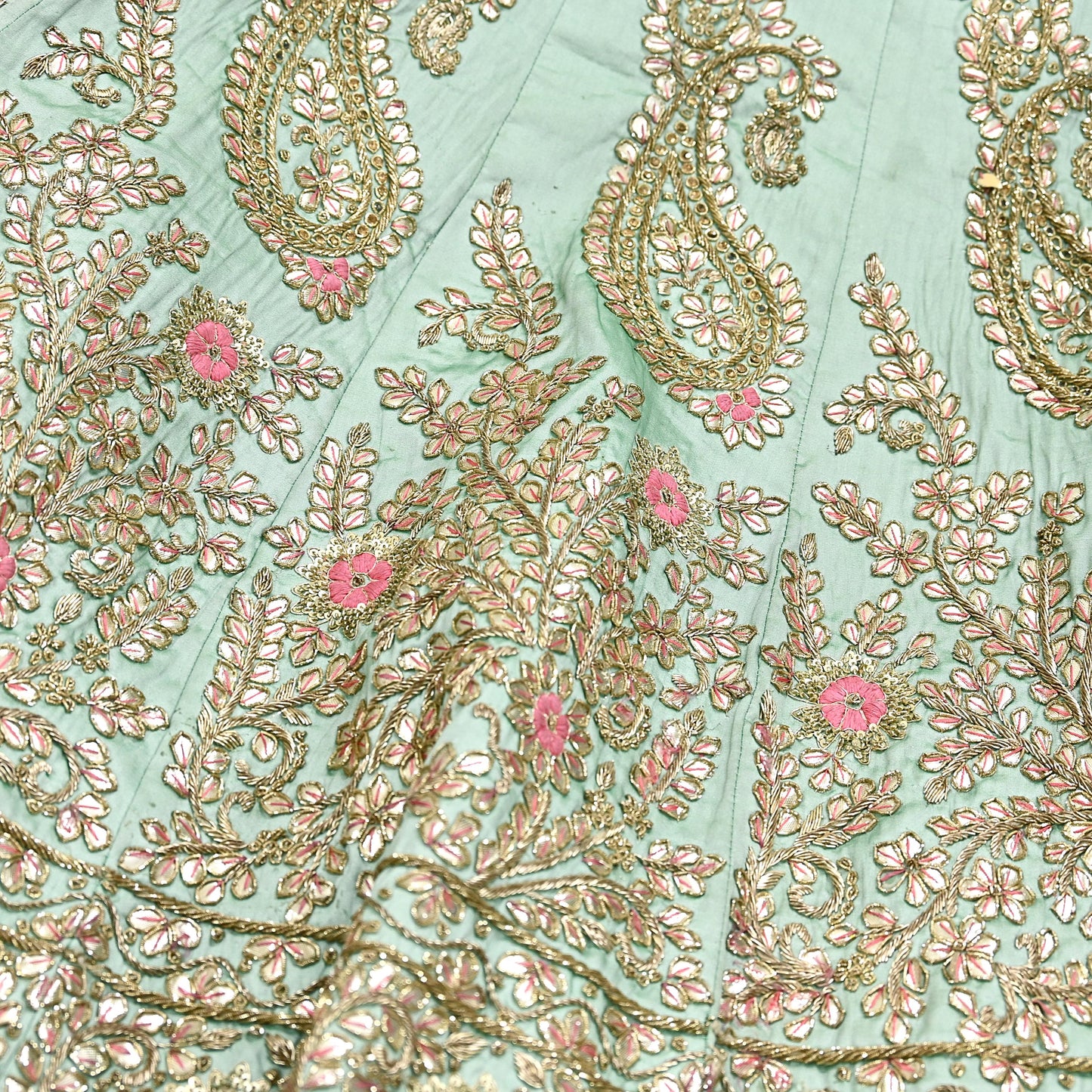 Indian party wear Pista Green & Pink Net Raw silk Hand Embroidered Semi Stitched Lehenga Set of 2pcs Bollywood style wedding wear