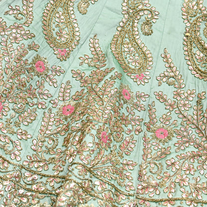 Indian party wear Pista Green & Pink Net Raw silk Hand Embroidered Semi Stitched Lehenga Set of 2pcs Bollywood style wedding wear