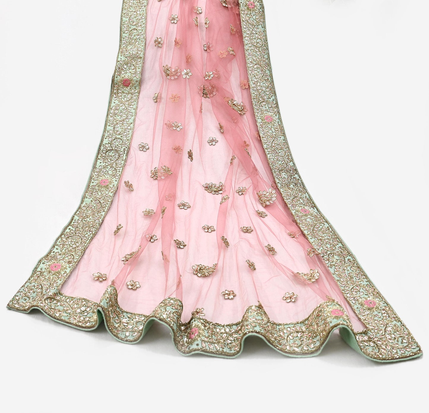 Indian Vintage Heavy Pink Dupatta Net Mesh Long Stole Hand Embroidered Scarves Golden Zardozi Dabka Zari Stole Bridal/ Wedding veil