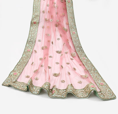 Indian Vintage Heavy Pink Dupatta Net Mesh Long Stole Hand Embroidered Scarves Golden Zardozi Dabka Zari Stole Bridal/ Wedding veil