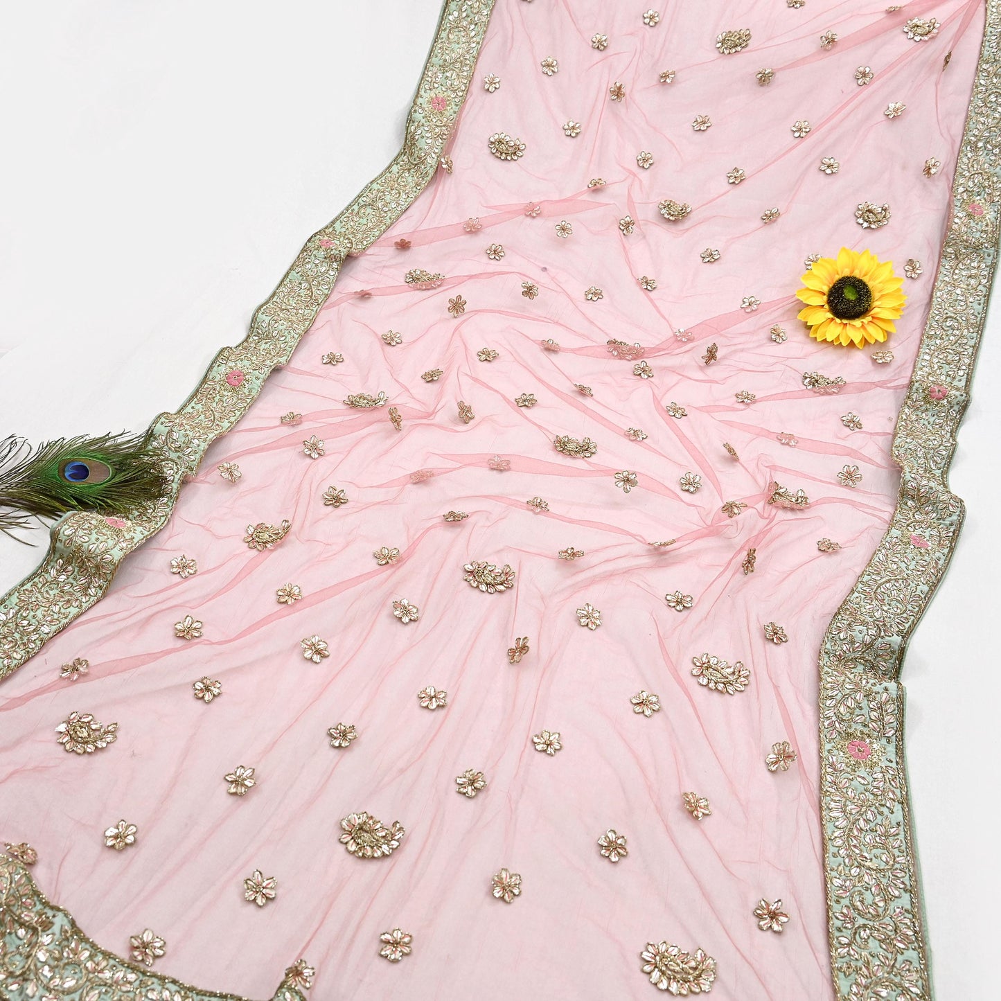 Indian Vintage Heavy Pink Dupatta Net Mesh Long Stole Hand Embroidered Scarves Golden Zardozi Dabka Zari Stole Bridal/ Wedding veil